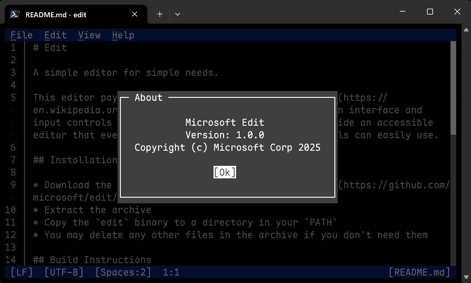 微软轻量级终端文本编辑器 Microsoft Edit v1.2.1 绿色版